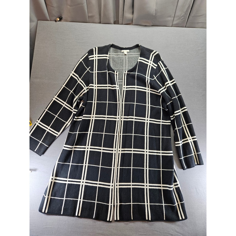 Cato Womens 26/28W Black White Windowpane Plaid Open Front Longline Cardigan